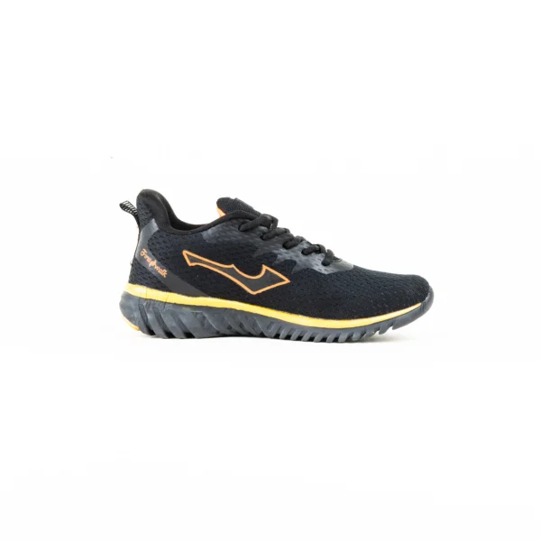 FirstWalk ART164 Running Shoes in Black Orange, Blue, and Yellow – Breathable, Cushioned & High-Performance.