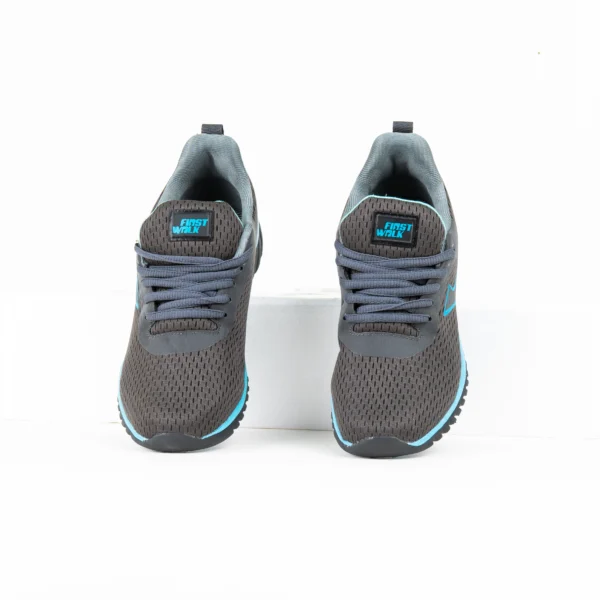 Grey women's slip-on mesh sneakers with aqua blue detailing from FirstWalk.