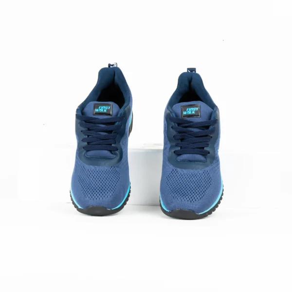 Front view of FirstWalk ART215 blue athletic shoes with mesh upper and lace-up closure.